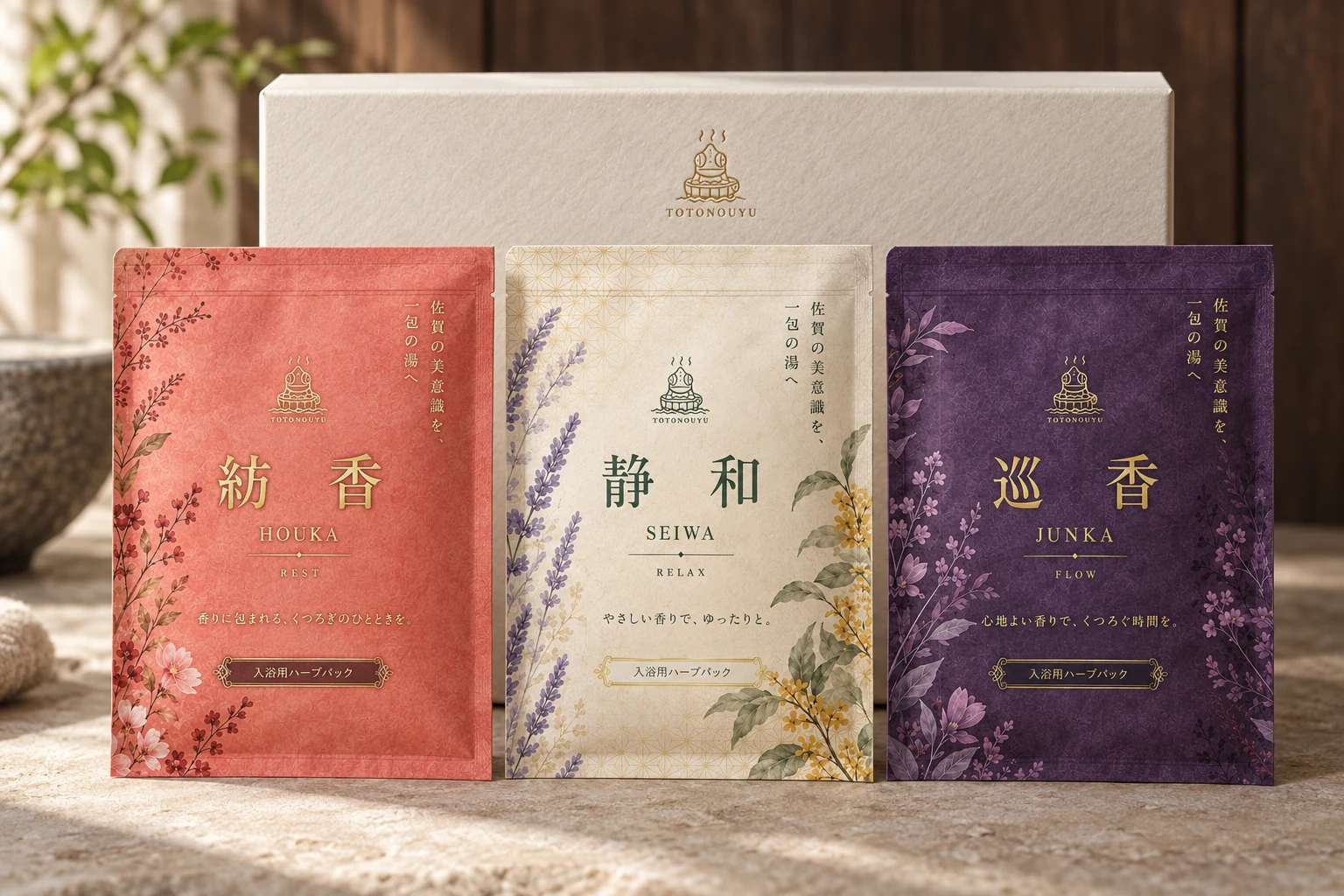 紡香・静和・巡香の3種類と、閉じた化粧箱の制作イメージ