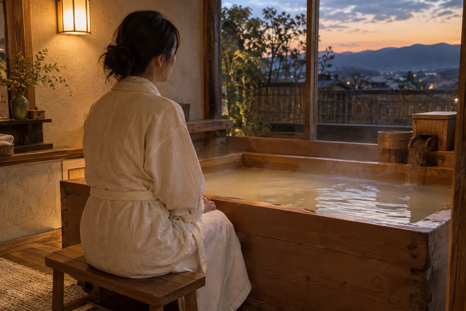 一日の終わりに、自宅で静かな湯時間を過ごす女性のイメージ